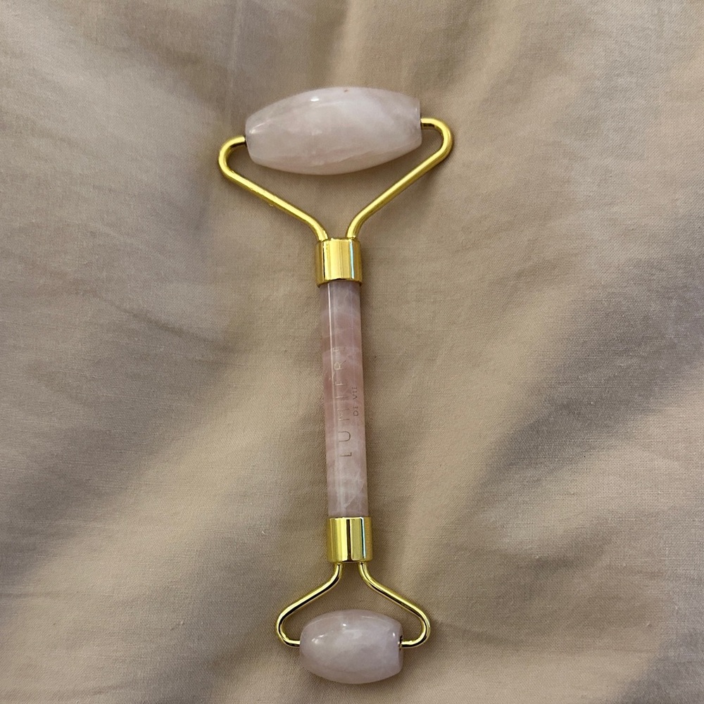 Rose Quartz Facial Roller with Gold Accents